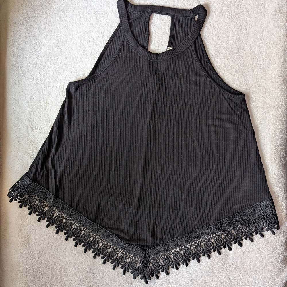 Pink Rose Black Sleeveless Top with Lace Hem
